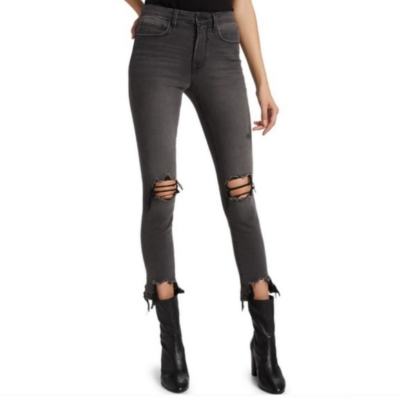 L'AGENCE Denim - L'agence High Line Skinny Onyx Destruct Women's 29 Raw Hem Distressed Knee Black